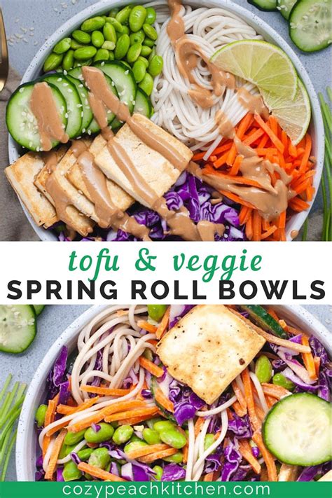 Spring roll sheets, 1 packet, 1/2 chinese cabbage, cut into fine chiffonade, 1 handful of beansprouts, 1/2 large carrot, cut into matchsticks, 50g of rice noodles, vermicelli, broken into small pieces, 2 garlic cloves, minced, ginger, 2cm piece, minced, 1 tbsp of coriander. Tofu and Veggie Spring Roll Bowls with Peanut Sauce ...