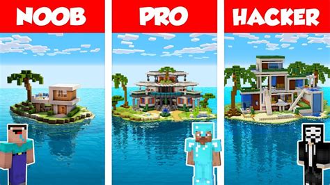 Minecraft Noob Vs Pro Vs Hacker Modern Island House Build Challenge In
