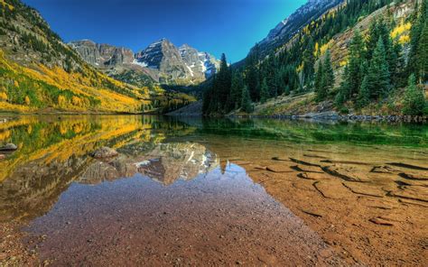 Maroon Bells Reflected In The Clear Lake Wallpaper Nature Wallpapers