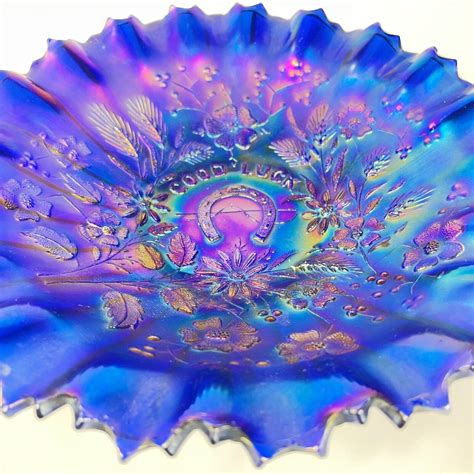Antique Northwood Good Luck Electric Blue Carnival Glass Bowl Ruffled