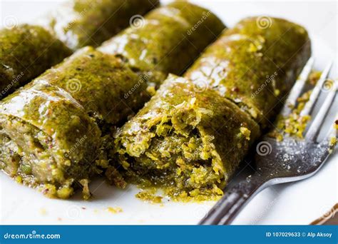 Turkish Dessert Pistachio Roll Called Fistikli Sarma Baklava Stock