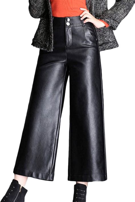 Vepodrau Women Faux Leather Wide Leg Cropped Pants Palazzo Trousers