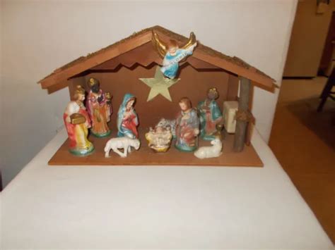 Vintage Christmas Nativity Set Music Box Plays Silent Night 10 Figures