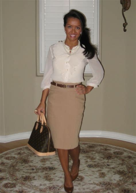 White Blouse With Light Brown Pencil Skirt Stylish Petite Brown