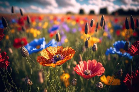 Close Up Of Beautiful Field Of Flowers Ai Generated Stock Illustration
