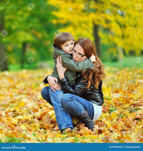 Mother Hugging Child Outdoor Portrait Stock Photo Image Of