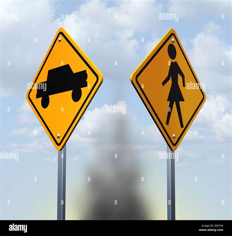 Car Accident Concept With Two Yellow Warning Road Signs With A Car And