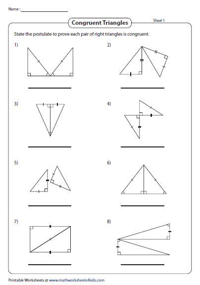 Congruence postulates in right triangles | Triangle worksheet
