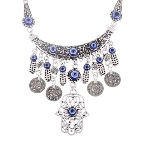 Antique Silver Color Blue Evil Eye Hamsa Hand Necklaces For Women