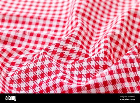 Red And White Checkered Fabric Texture Crumpled Bright Colored Cotton