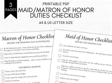 Matronmaid Of Honor Duties Checklist Printable Wedding Etsy
