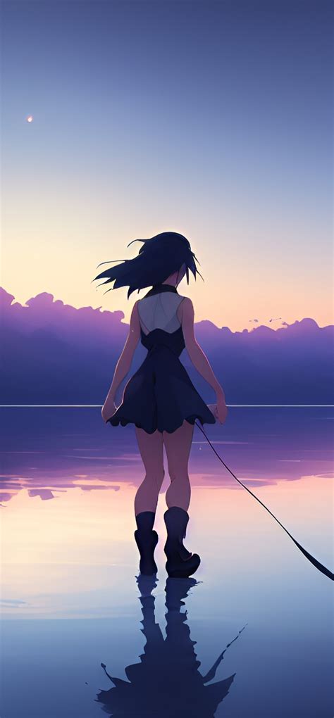 1440x3100 Anime Girl In Gradient Evening Ocean 1440x3100 Resolution