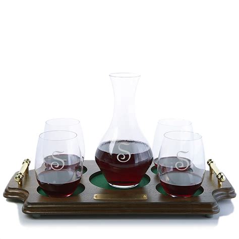 personalized riedel cabernet decanter and stemless glasses wood tray set