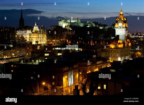 View From Calton Hill Edinburgh Looking To The Castle At Night Stock