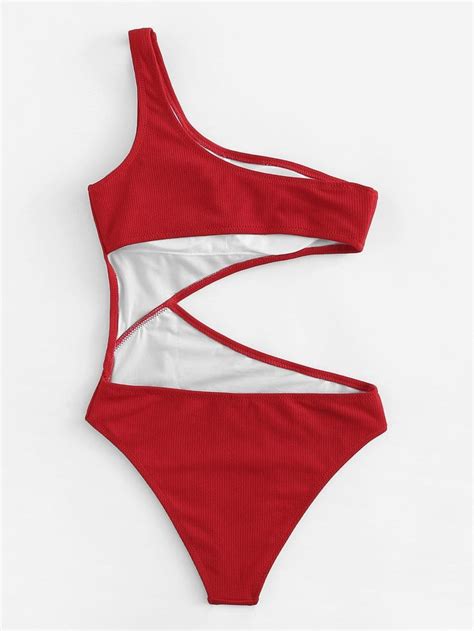 Ad One Shoulder Cutout One Piece Swimsuit Yesredcutout