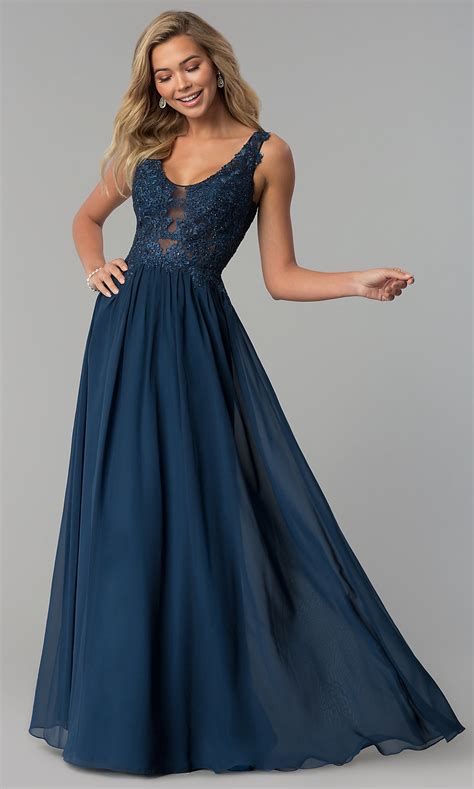 Navy Blue Long Prom Dress With Lace Bodice