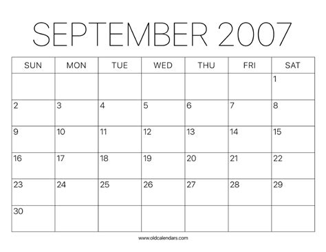2007 Calendar September Printable Old Calendars