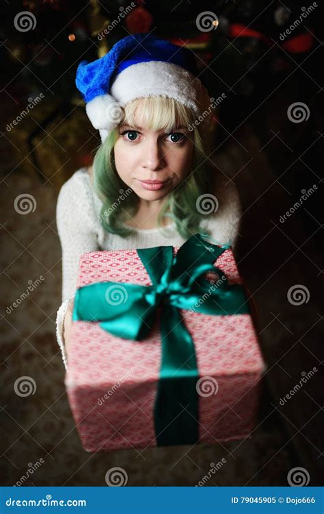 Young Girl Gives T Under Christmas Tree Stock Image Image Of Caucasian T 79045905