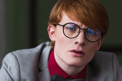 Portrait Of Male Fashion Model In Eyeglasses Dressed In Suit Stock Image Image Of Vogue