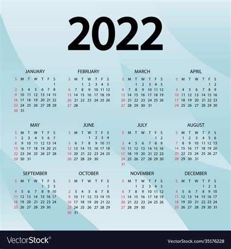 Calendar 2022 Year Week Starts Sunday Royalty Free Vector
