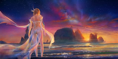 Wallpaper Landscape Fantasy Girl Sunset Sea Long Hair Anime Girls Ass Bikini