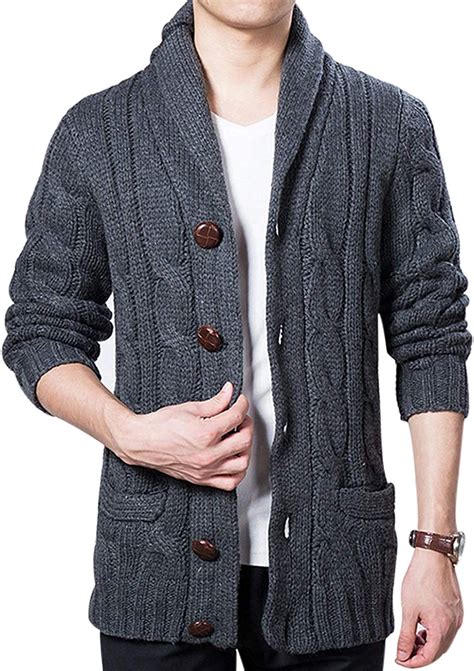 Lentta Mens Heavy Weight Shawl Collar Button Down Cable Knitted