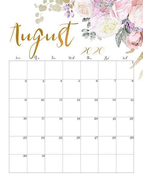 Floral August 2020 Calendar Cute Calendar Printables Print Calendar