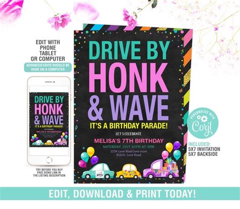 Editable Drive By Birthday Parade Invitationquarantine Birthday