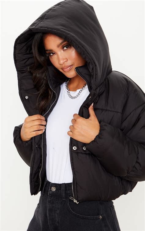 Black Double Layer Cropped Hooded Puffer Prettylittlething Ire