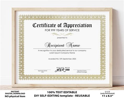 Editable Years Of Service Certificate Of Appreciation Etsy