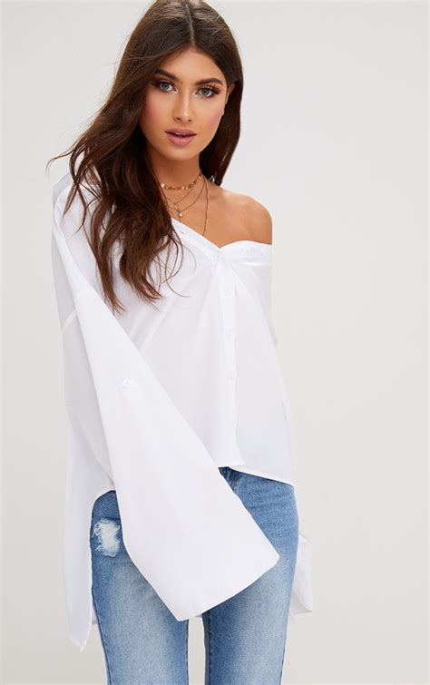 White Oversized Off Shoulder Shirt Tops Prettylittlething Usa