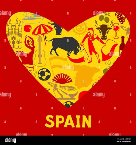 Spain Background In Shape Of Heart Spanish Traditional Symbols And