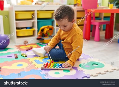Adorable Caucasian Boy Playing Xylophone Sitting Stock Photo 2251466481