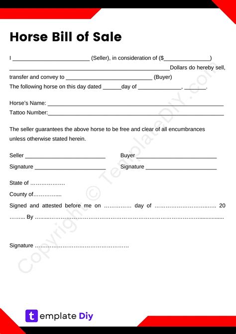 Bill Of Sale For Horse Template