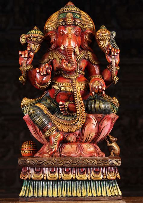 Sold Wooden Red Ganesh Statue With Broken Tusk 24 94w9bm Hindu Gods And Buddha Statues