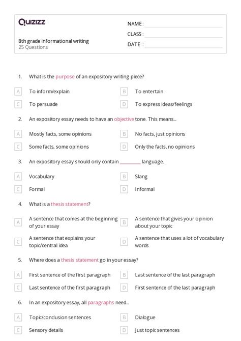 50 Informational Writing Worksheets For 8th Grade On Quizizz Free