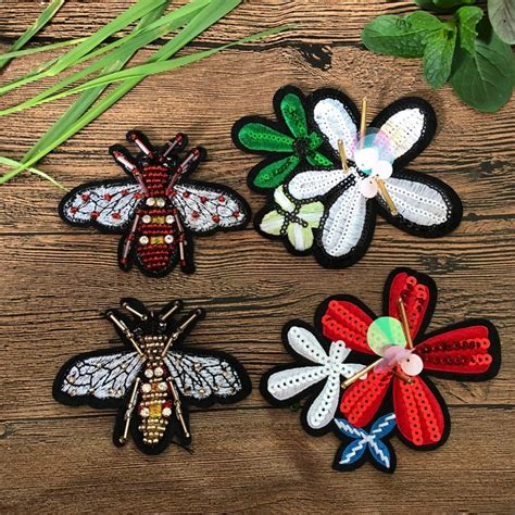 Handmade Bee Flower Beaded Patches Sew On Sequin Patch For Clothing