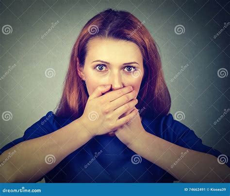 Scared Woman Covering Her Mouth With Hands Stock Image Image Of Emotion Covering 74662491