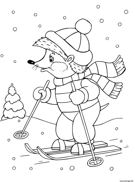 Coloriage Herisson Fait Du Ski Animaux Dessin Hiver à Imprimer