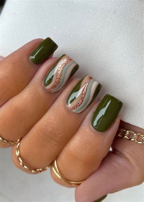 Trendy Ways To Wear Green Nail Designs Olive Green Gold Swirl