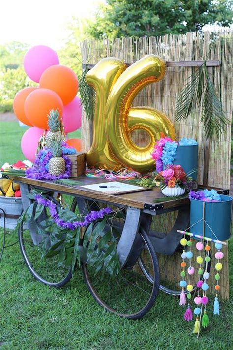 Tropical Sweet 16 Welcome Table From A Sweet 16 Luau On Kara S Party Ideas