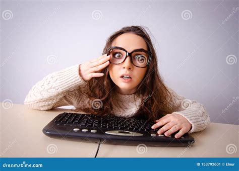 Funny Nerd Girl Working On Computer Stock Image Image Of Frightened