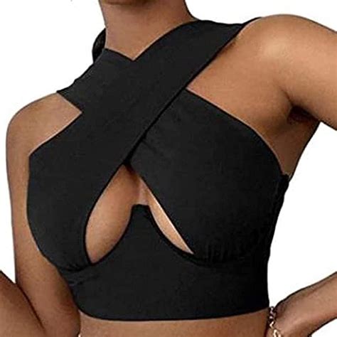 Amazon Com Criss Cross Crop Tops For Women Sexy Halter Wrap Top Cut Out Vest Bustier Corset
