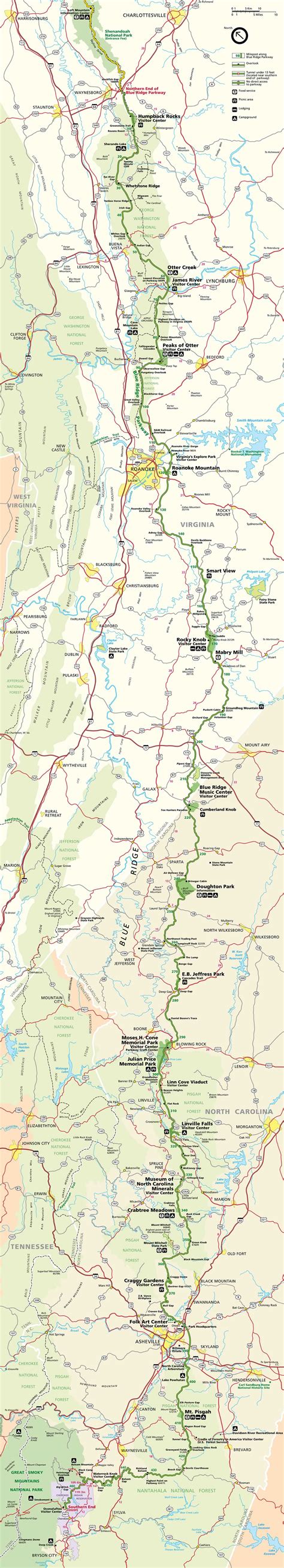 Blue Ridge Parkway Mileage And Elevation Map Map