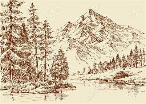 Alpine Landscape River And Pine Forest Sketch Royalty Free Cliparts