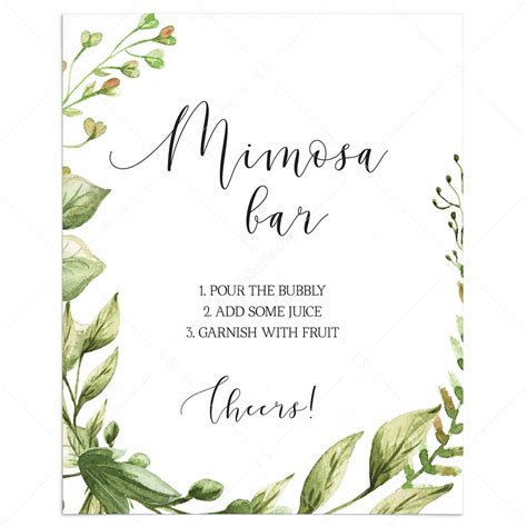 Printable Mimosa Sign With Watercolor Leaves Instant Download