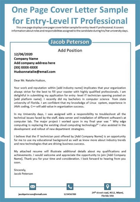 One Page Cover Letter Sample For Entry Level It Professional