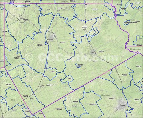 Ellis County Texas Zip Code Boundary Map
