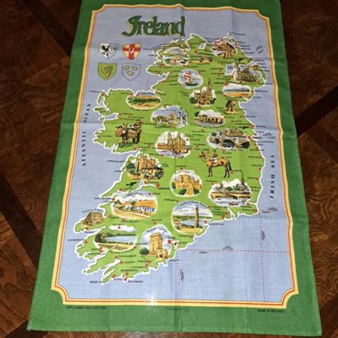 Vintage Irish Linen Kitchen Tea Towel Map Of Ireland Decor Mid Century