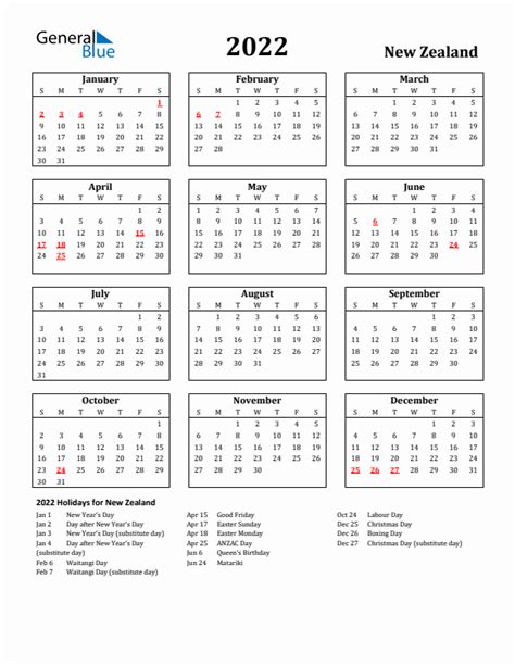 2022 New Zealand Calendar With Holidays
